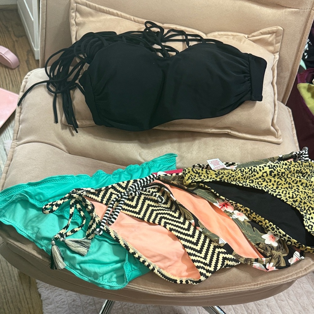 Multiple Brands Black, Teal, and Patterned Bikini Bottoms Bundle - 1 LG Top